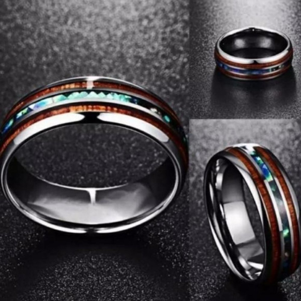 UNISEX TUNGSTEN HAWAIIAN KOA WOOD ABALONE RING - Picture 2 of 7